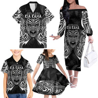 Custom New Zealand Rugby Family Matching Off Shoulder Long Sleeve Dress and Hawaiian Shirt 2023 World Cup Aotearoa Haka Face LT7 - Polynesian Pride