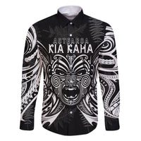 New Zealand Rugby Family Matching Short Sleeve Bodycon Dress and Hawaiian Shirt 2023 World Cup Aotearoa Haka Face LT7 Dad's Shirt - Long Sleeve Black - Polynesian Pride
