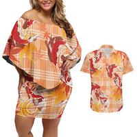 Orange Palaka Hawaii Aloha Couples Matching Off Shoulder Short Dress and Hawaiian Shirt Koi Pond Mix Japanese Maple LT7 Orange - Polynesian Pride