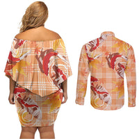Orange Palaka Hawaii Aloha Couples Matching Off Shoulder Short Dress and Long Sleeve Button Shirt Koi Pond Mix Japanese Maple - Polynesian Pride