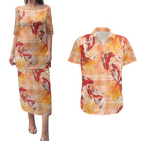 Orange Palaka Hawaii Aloha Couples Matching Puletasi and Hawaiian Shirt Koi Pond Mix Japanese Maple - Polynesian Pride