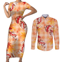 Orange Palaka Hawaii Aloha Couples Matching Short Sleeve Bodycon Dress and Long Sleeve Button Shirt Koi Pond Mix Japanese Maple - Polynesian Pride
