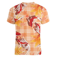Orange Palaka Hawaii Aloha Women V-Neck T-Shirt Koi Pond Mix Japanese Maple LT7 - Polynesian Pride