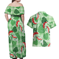 Lime Palaka Hawaii Aloha Couples Matching Off Shoulder Maxi Dress and Hawaiian Shirt Koi Pond Mix Monstera - Polynesian Pride