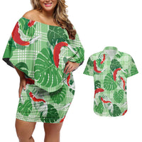 Lime Palaka Hawaii Aloha Couples Matching Off Shoulder Short Dress and Hawaiian Shirt Koi Pond Mix Monstera LT7 Lime Green - Polynesian Pride