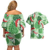 Lime Palaka Hawaii Aloha Couples Matching Off Shoulder Short Dress and Hawaiian Shirt Koi Pond Mix Monstera - Polynesian Pride