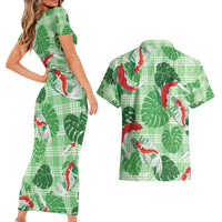 Lime Palaka Hawaii Aloha Couples Matching Short Sleeve Bodycon Dress and Hawaiian Shirt Koi Pond Mix Monstera - Polynesian Pride