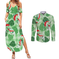 Lime Palaka Hawaii Aloha Couples Matching Summer Maxi Dress and Long Sleeve Button Shirt Koi Pond Mix Monstera - Polynesian Pride