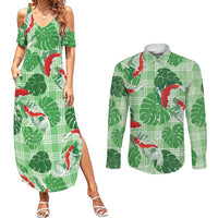 Lime Palaka Hawaii Aloha Couples Matching Summer Maxi Dress and Long Sleeve Button Shirt Koi Pond Mix Monstera - Polynesian Pride