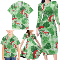 Lime Palaka Hawaii Aloha Family Matching Long Sleeve Bodycon Dress and Hawaiian Shirt Koi Pond Mix Monstera - Polynesian Pride