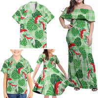 Lime Palaka Hawaii Aloha Family Matching Off Shoulder Maxi Dress and Hawaiian Shirt Koi Pond Mix Monstera - Polynesian Pride
