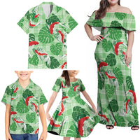 Lime Palaka Hawaii Aloha Family Matching Off Shoulder Maxi Dress and Hawaiian Shirt Koi Pond Mix Monstera - Polynesian Pride