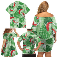 Lime Palaka Hawaii Aloha Family Matching Off Shoulder Short Dress and Hawaiian Shirt Koi Pond Mix Monstera - Polynesian Pride