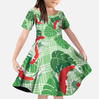 Lime Palaka Hawaii Aloha Family Matching Puletasi and Hawaiian Shirt Koi Pond Mix Monstera LT7 Daughter's Dress Lime Green - Polynesian Pride