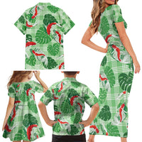 Lime Palaka Hawaii Aloha Family Matching Short Sleeve Bodycon Dress and Hawaiian Shirt Koi Pond Mix Monstera - Polynesian Pride