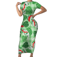 Lime Palaka Hawaii Aloha Family Matching Short Sleeve Bodycon Dress and Hawaiian Shirt Koi Pond Mix Monstera - Polynesian Pride