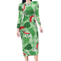 Lime Palaka Hawaii Aloha Long Sleeve Bodycon Dress Koi Pond Mix Monstera - Polynesian Pride