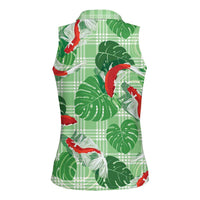 Lime Palaka Hawaii Aloha Women Sleeveless Polo Shirt Koi Pond Mix Monstera - Polynesian Pride