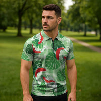 Lime Palaka Hawaii Aloha Zipper Polo Shirt Koi Pond Mix Monstera - Polynesian Pride