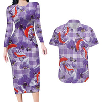 Lavender Palaka Hawaii Aloha Couples Matching Long Sleeve Bodycon Dress and Hawaiian Shirt Koi Pond Mix Orchids LT7 Purple - Polynesian Pride
