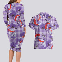 Lavender Palaka Hawaii Aloha Couples Matching Long Sleeve Bodycon Dress and Hawaiian Shirt Koi Pond Mix Orchids LT7 - Polynesian Pride