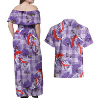 Lavender Palaka Hawaii Aloha Couples Matching Off Shoulder Maxi Dress and Hawaiian Shirt Koi Pond Mix Orchids LT7 - Polynesian Pride
