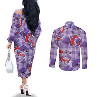 Lavender Palaka Hawaii Aloha Couples Matching Off The Shoulder Long Sleeve Dress and Long Sleeve Button Shirt Koi Pond Mix Orchids - Polynesian Pride