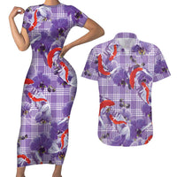 Lavender Palaka Hawaii Aloha Couples Matching Short Sleeve Bodycon Dress and Hawaiian Shirt Koi Pond Mix Orchids LT7 Purple - Polynesian Pride