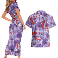 Lavender Palaka Hawaii Aloha Couples Matching Short Sleeve Bodycon Dress and Hawaiian Shirt Koi Pond Mix Orchids - Polynesian Pride