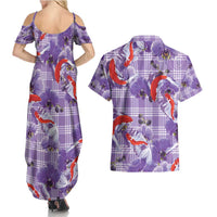 Lavender Palaka Hawaii Aloha Couples Matching Summer Maxi Dress and Hawaiian Shirt Koi Pond Mix Orchids - Polynesian Pride