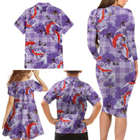 Lavender Palaka Hawaii Aloha Family Matching Long Sleeve Bodycon Dress and Hawaiian Shirt Koi Pond Mix Orchids LT7 - Polynesian Pride