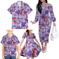 Lavender Palaka Hawaii Aloha Family Matching Off The Shoulder Long Sleeve Dress and Hawaiian Shirt Koi Pond Mix Orchids - Polynesian Pride
