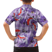 Lavender Palaka Hawaii Aloha Family Matching Off Shoulder Maxi Dress and Hawaiian Shirt Koi Pond Mix Orchids - Polynesian Pride