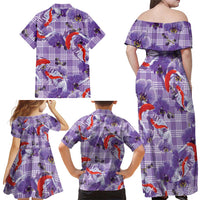 Lavender Palaka Hawaii Aloha Family Matching Off Shoulder Maxi Dress and Hawaiian Shirt Koi Pond Mix Orchids - Polynesian Pride