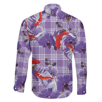 Lavender Palaka Hawaii Aloha Family Matching Off Shoulder Maxi Dress and Hawaiian Shirt Koi Pond Mix Orchids - Polynesian Pride