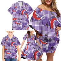 Lavender Palaka Hawaii Aloha Family Matching Off Shoulder Short Dress and Hawaiian Shirt Koi Pond Mix Orchids - Polynesian Pride