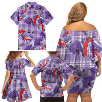 Lavender Palaka Hawaii Aloha Family Matching Off Shoulder Short Dress and Hawaiian Shirt Koi Pond Mix Orchids - Polynesian Pride