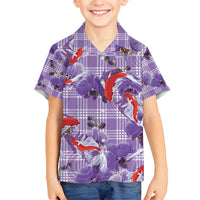 Lavender Palaka Hawaii Aloha Family Matching Off Shoulder Short Dress and Hawaiian Shirt Koi Pond Mix Orchids - Polynesian Pride