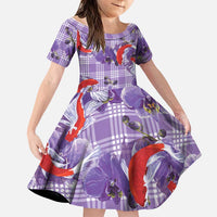 Lavender Palaka Hawaii Aloha Family Matching Short Sleeve Bodycon Dress and Hawaiian Shirt Koi Pond Mix Orchids LT7 Daughter's Dress Purple - Polynesian Pride