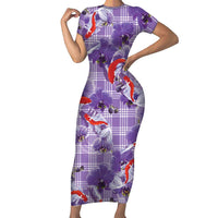 Lavender Palaka Hawaii Aloha Family Matching Short Sleeve Bodycon Dress and Hawaiian Shirt Koi Pond Mix Orchids LT7 Purple - Polynesian Pride