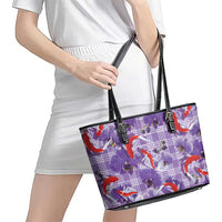 Lavender Palaka Hawaii Aloha Leather Tote Bag Koi Pond Mix Orchids - Polynesian Pride