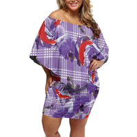 Lavender Palaka Hawaii Aloha Off Shoulder Short Dress Koi Pond Mix Orchids - Polynesian Pride