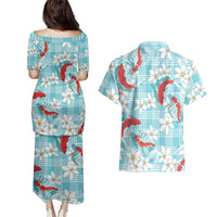 Turquoise Palaka Hawaii Aloha Couples Matching Puletasi and Hawaiian Shirt Koi Pond Mix Plumeria LT7 - Polynesian Pride