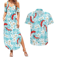 Turquoise Palaka Hawaii Aloha Couples Matching Summer Maxi Dress and Hawaiian Shirt Koi Pond Mix Plumeria LT7 Turquoise - Polynesian Pride