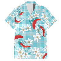Turquoise Palaka Hawaii Aloha Family Matching Off The Shoulder Long Sleeve Dress and Hawaiian Shirt Koi Pond Mix Plumeria - Polynesian Pride