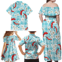 Turquoise Palaka Hawaii Aloha Family Matching Off Shoulder Maxi Dress and Hawaiian Shirt Koi Pond Mix Plumeria LT7 - Polynesian Pride