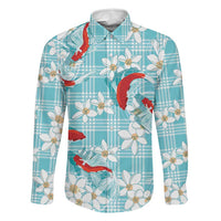 Turquoise Palaka Hawaii Aloha Family Matching Off Shoulder Maxi Dress and Hawaiian Shirt Koi Pond Mix Plumeria LT7 Dad's Shirt - Long Sleeve Turquoise - Polynesian Pride