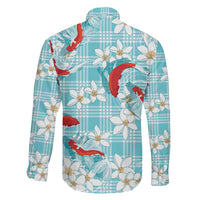 Turquoise Palaka Hawaii Aloha Family Matching Off Shoulder Short Dress and Hawaiian Shirt Koi Pond Mix Plumeria LT7 - Polynesian Pride