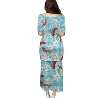 Turquoise Palaka Hawaii Aloha Family Matching Puletasi and Hawaiian Shirt Koi Pond Mix Plumeria - Polynesian Pride