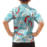 Turquoise Palaka Hawaii Aloha Family Matching Short Sleeve Bodycon Dress and Hawaiian Shirt Koi Pond Mix Plumeria LT7 - Polynesian Pride